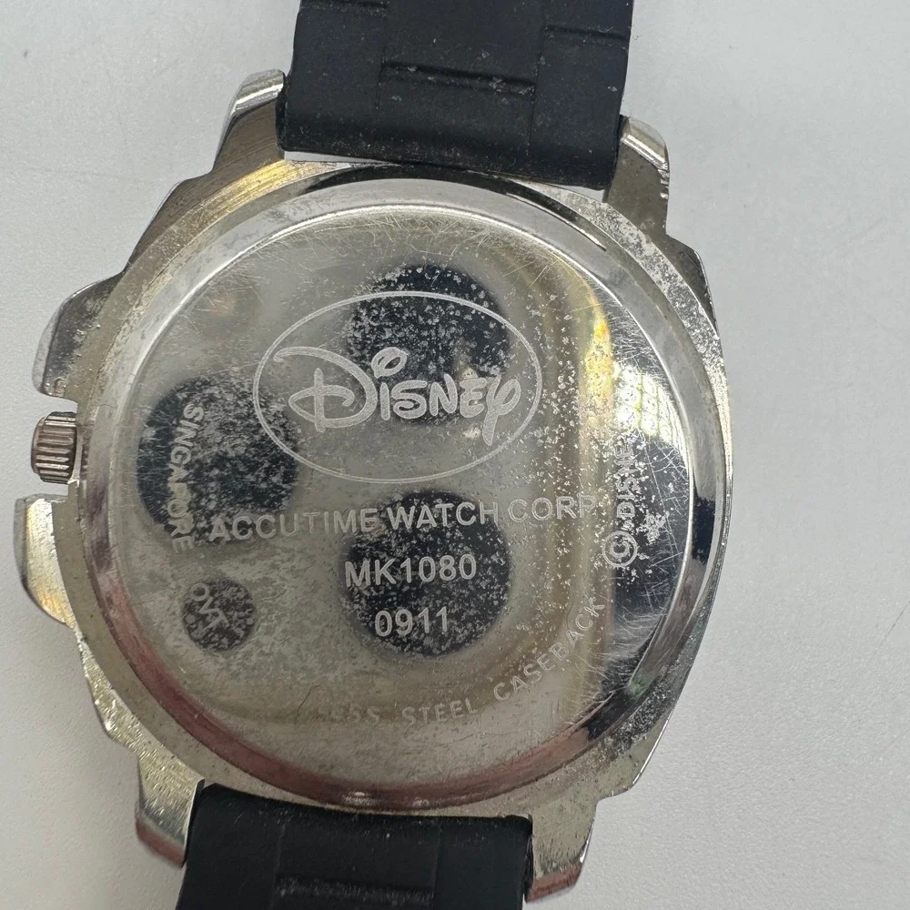 Disney Mickey Mouse Accutime Watch Corp MK1080 Silver Dial Black Rubber Strap